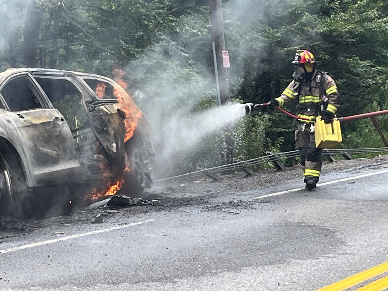 Vehicle Strikes Guide Rail Bursts Into Flames Catskill Country 